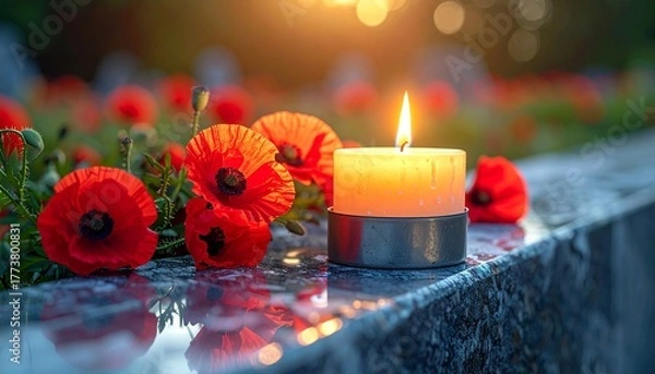 Fototapeta Single Candle Glowing Beside Red Poppy Flowers on a Stone Memorial. Honoring Veterans and the Fallen on Remembrance Day
