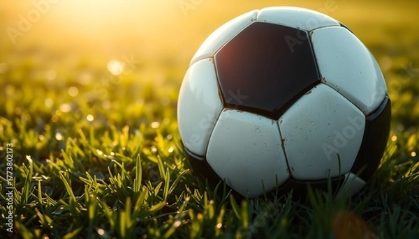Fototapeta A close-up view of a soccer ball resting on a grassy field, bathed in sunlight.
