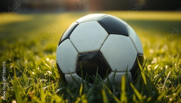 Fototapeta A close-up view of a soccer ball resting on green grass.