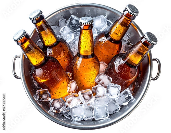 Obraz - Chilled Beer Bottles in Ice-Filled Metal Bucket, Perfect for Summer Parties, Isolated on Transparent Background”