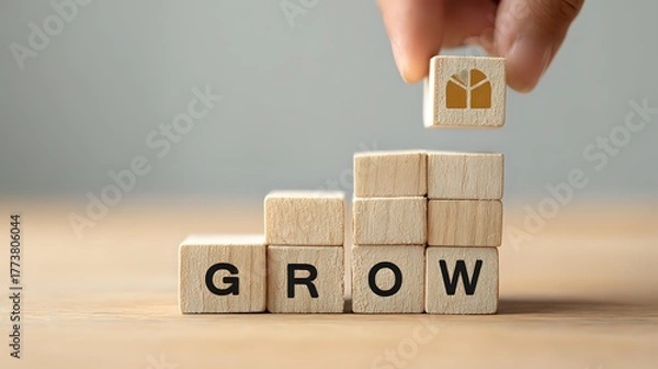 Fototapeta Hand placing wooden block with education icon above stacked blocks spelling GROW, symbolizing growth and development in learning and business.
