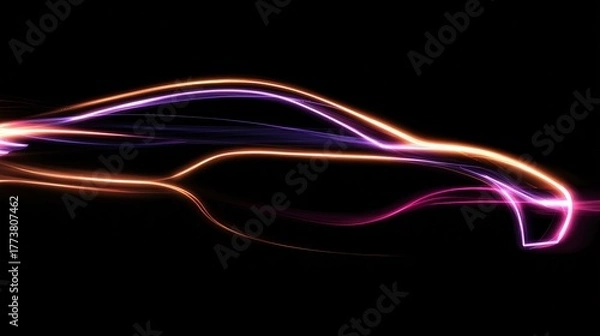 Obraz Futuristic Electric Car Outline Made of Glowing Neon Light Trails