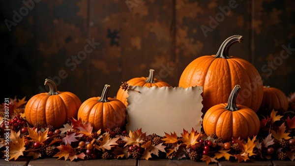 Obraz Rustic Autumn Still Life with Orange Pumpkins, Colorful Fall Leaves, and Blank Scroll for Copy Space on Dark Background for Concepts of Harvest Festival, Thanksgiving, and Seasonal Template