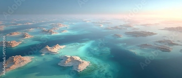 Obraz Aerial View Of Tropical Islands At Sunrise With Turquoise Water And Hazy Horizon