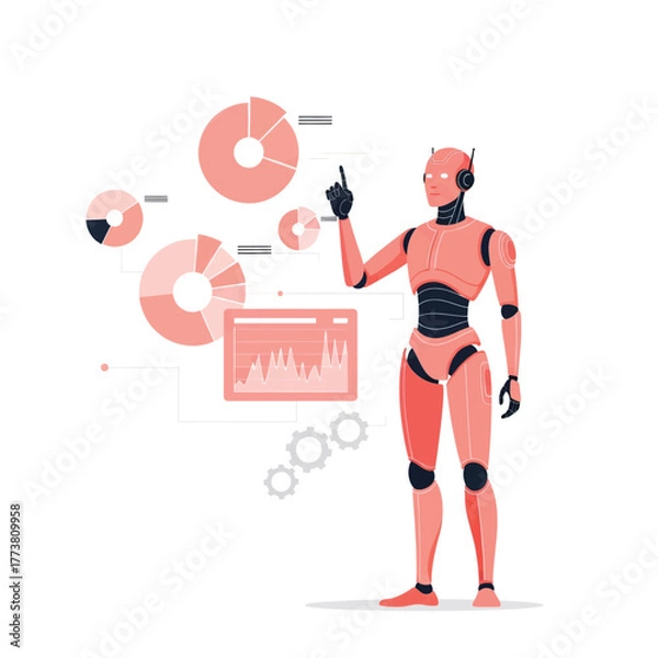 Obraz Flat illustration of robot analyzes data and points up artificial intelligence