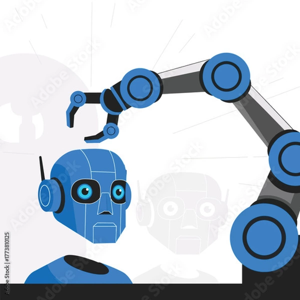 Obraz Flat illustration of robotic arm reaching for a blue robot head