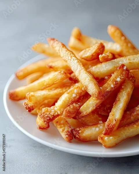 Obraz Close Up Macro View of Crispy Golden French Fries Sprinkled with Salt in a White Bowl on a Gray Surface