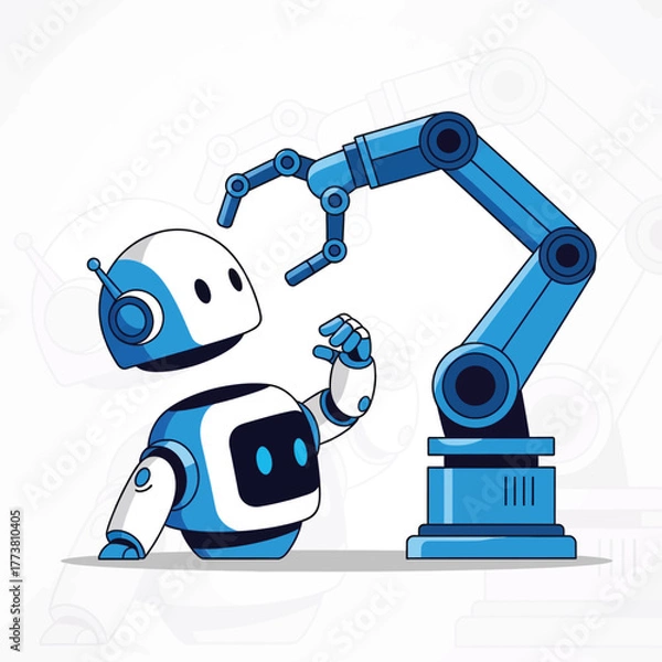 Obraz Flat illustration of robot with robotic arm working in factory
