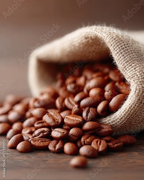 Fototapeta Close Up Macro View of Roasted Coffee Beans Spilling from a Burlap Sack with Warm Dramatic Lighting on a Dark Wooden Surface