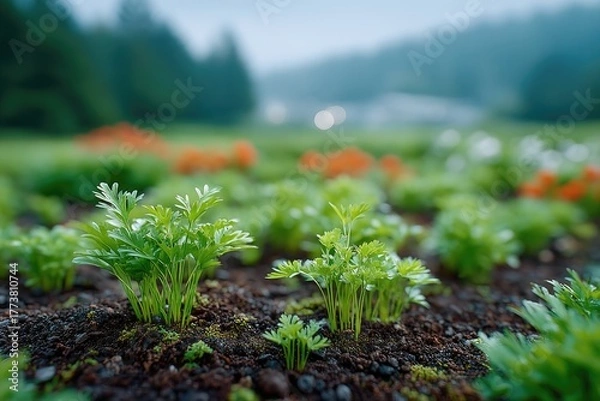 Fototapeta Close up macro view of tiny green carrot sprouts emerging from dark fertile soil in a misty agricultural field with distant blurred orange and white flowers and green trees