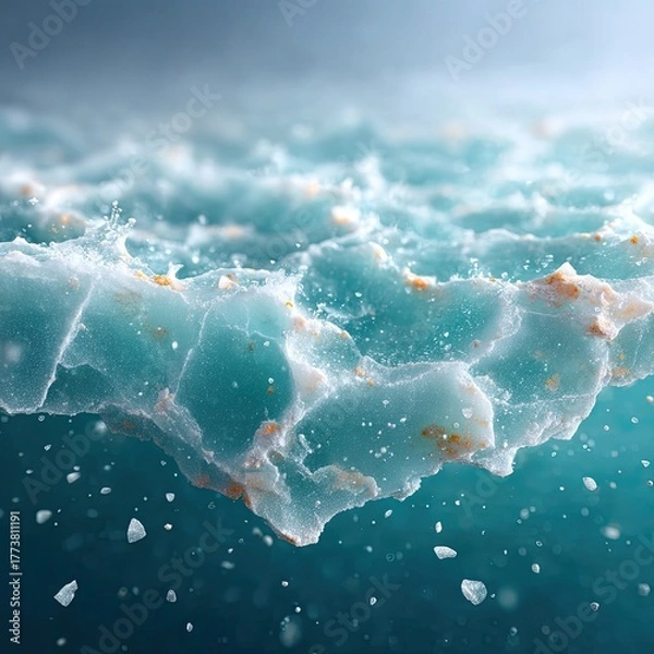 Fototapeta Abstract Macro CloseUp of Frozen Ice Surface Texture With Orange Particles and Bubbles Under Blue Water And Soft Natural Light