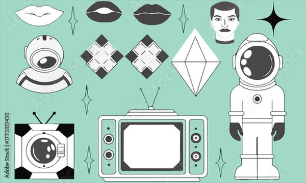 Fototapeta Retro-futuristic vector illustration set featuring astronauts, old televisions, diamonds, lips, and geometric shapes on a turquoise background.