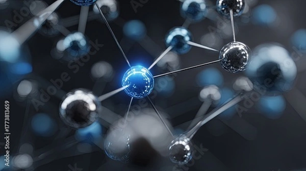 Fototapeta Complex three dimensional molecular structure network glows with internal blue light