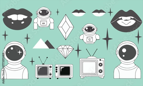 Fototapeta Retro-futuristic vector illustration set featuring astronauts, old televisions, diamonds, lips, and geometric shapes on a turquoise background.