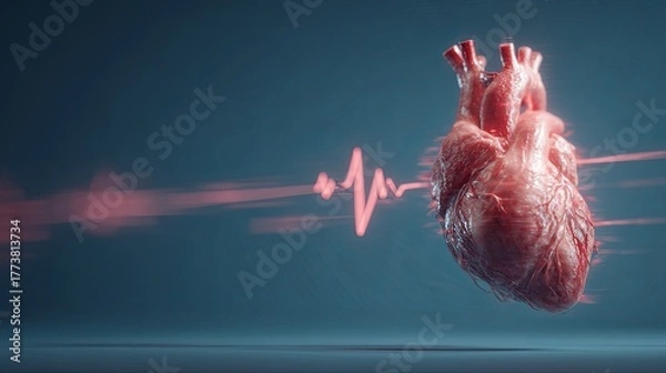 Fototapeta Three dimensional anatomical human heart visualization appears alongside glowing cardiogram wave