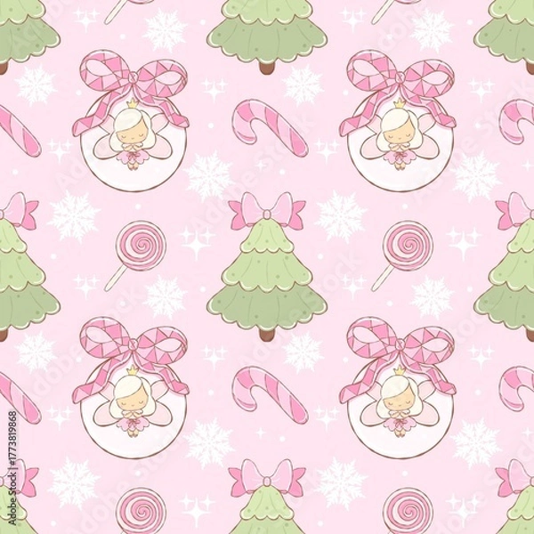 Obraz Coquette Sleeping Fairy Christmas Ornament Pink Seamless Pattern