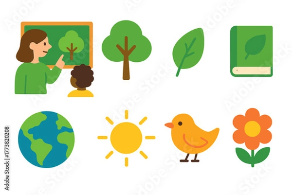 Fototapeta Nature and education flat icon set. Tree, earth, learning symbols collection