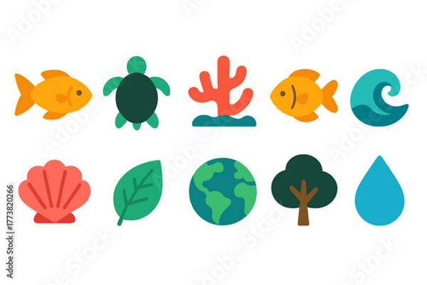Fototapeta Nature and environment flat icon set. Ecosystem, earth, and wildlife symbols collection