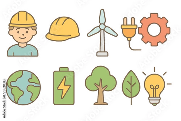 Fototapeta Construction and renewable energy icon set in flat style for sustainable projects