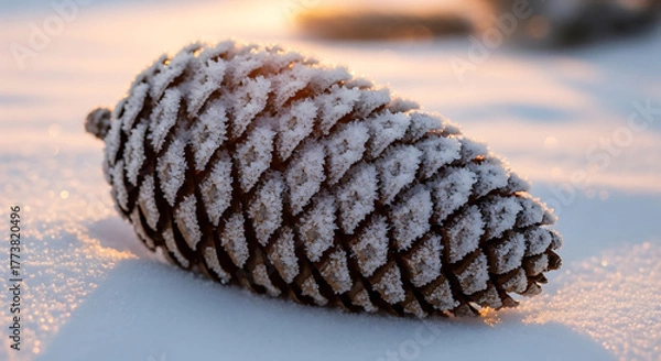 Fototapeta Pinecone covered in frost crystals laying on snow at golden hour.