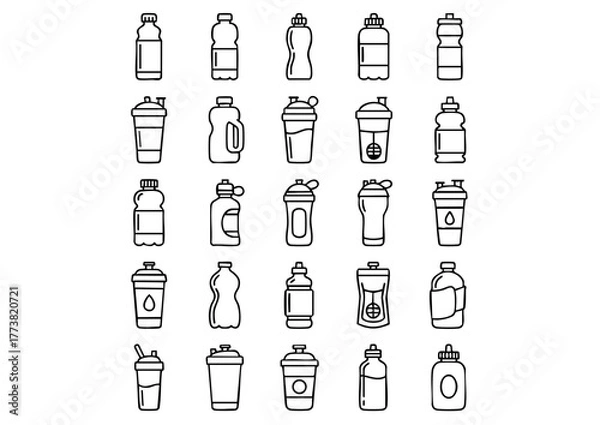 Fototapeta Hydration Icon Set: 25 Vector Bottles, Black and White Water Bottle Line Art Collection, Beverage and Gym Bottle Outline Icons