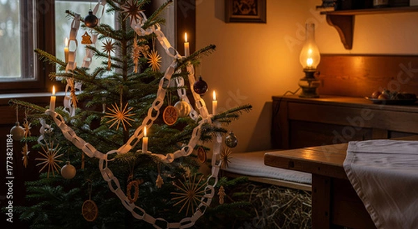 Obraz Christmas Tree with Hand-Made Ornaments in Polish Home