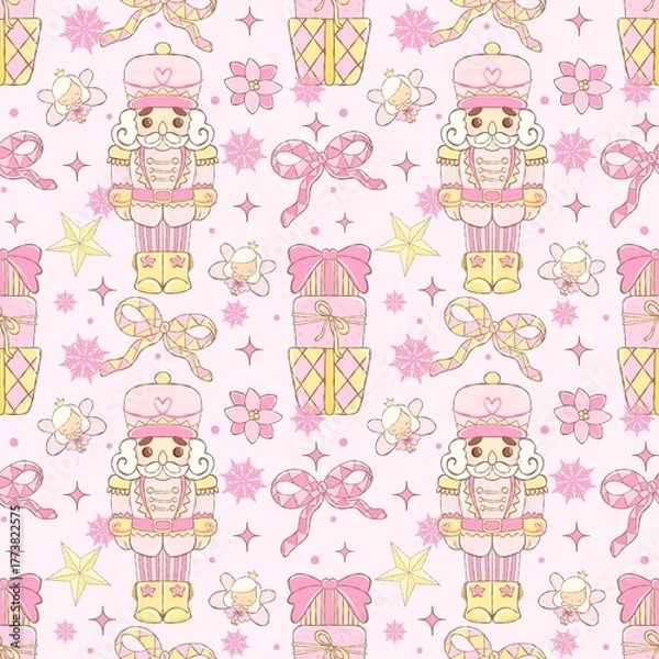 Obraz Pastel Coquette Nutcracker and Gift Boxes Christmas Seamless Pattern | Cute Pink Holiday Design