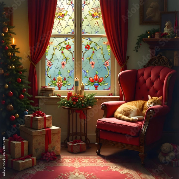 Obraz Christmas room with decorated fir tree and sleeping cat