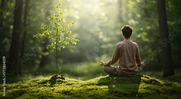 Obraz Person meditating in forest with sunlight peaceful moment nature scene