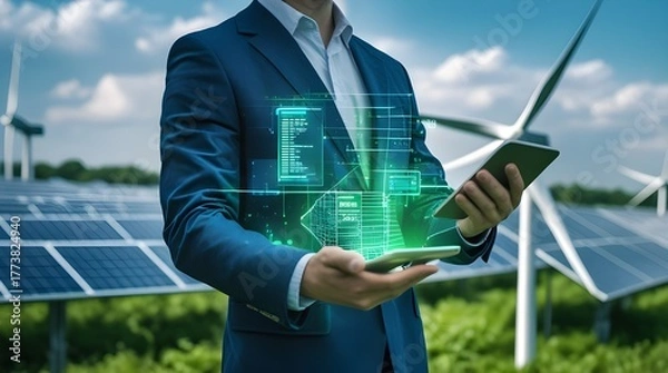 Obraz Eco Tech Energy Human Blend – Person with Digital Device in Field of Solar Panels