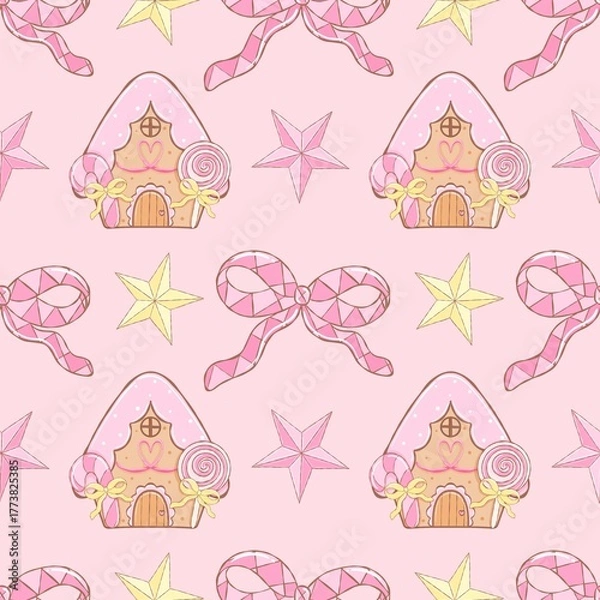 Obraz Cute Pink Gingerbread House and Candy Bow Seamless Pattern