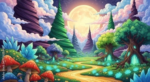 Obraz Enchanting fantasy forest landscape with glowing mushrooms and a giant moon