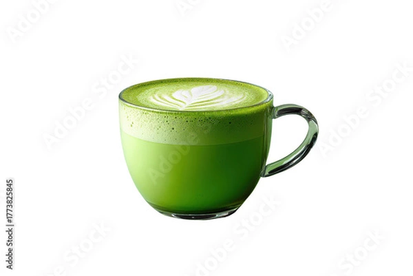 Obraz Green matcha latte with foamy art in clear glass mug on black background drink beverage, Isolated On Transparent Background, Png Cut Out