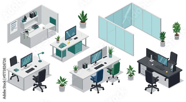 Fototapeta Modern office interior with isometric desks, computers, and plants