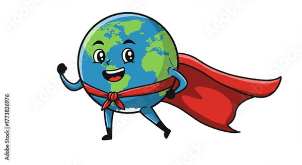 Obraz Cartoon earth superhero with red cape and smiling expression isolated
