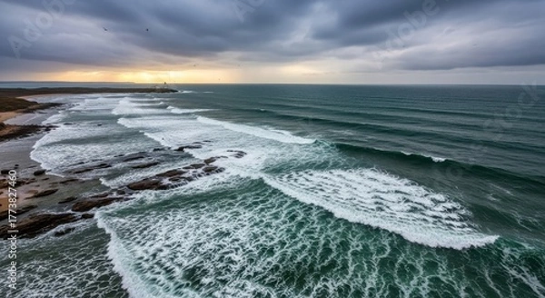 Obraz Dramatic ocean waves crashing on rocky shore under stormy skies
