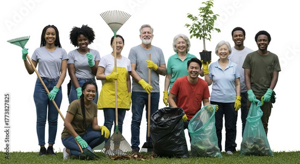 Obraz Diverse group of volunteers with gardening tools transparent background
