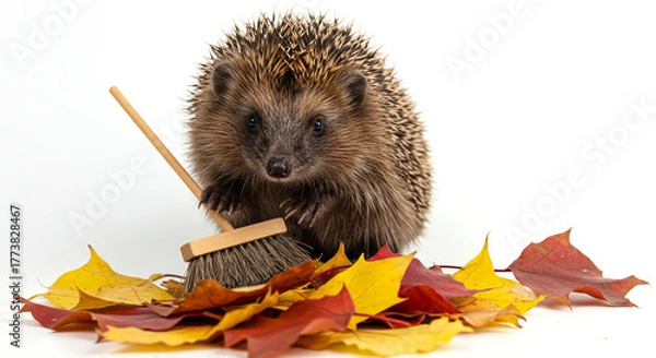 Obraz Hedgehog with broom standing among colorful autumn leaves on transparent background