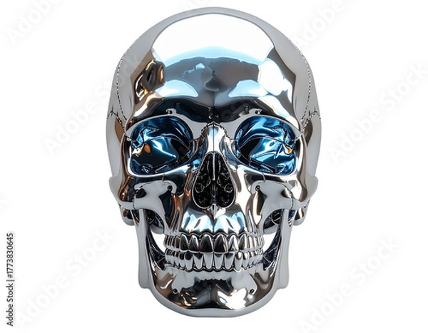 Fototapeta Chrome Human Skull Front View, Reflective Metallic Surface, Isolated on Transparent Background, PNG 