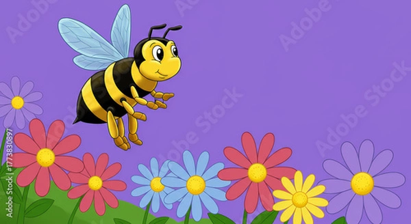 Obraz Cartoon bee flying above colorful flowers against a transparent background