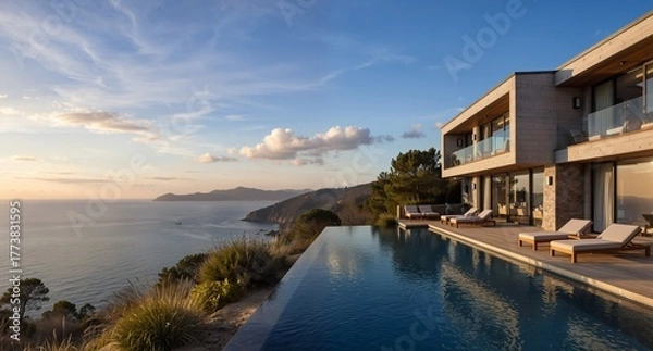 Fototapeta luxury coastal villa with infinity pool overlooking mediterranean sea at sunset