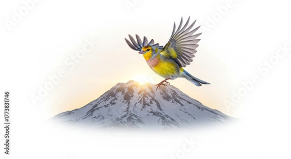 Obraz Colorful bird taking flight from mountain peak against sunlight background