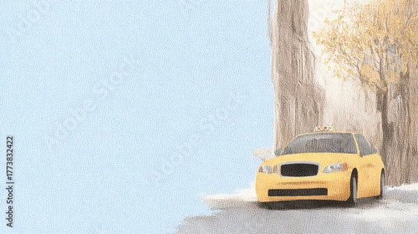 Fototapeta Watercolor painting of a yellow taxi on a snowy street. Soft winter palette, delicate artistic texture, and open space for typography make it ideal for seasonal illustration projects