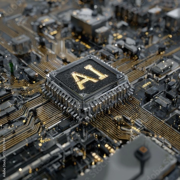 Fototapeta A close-up image of a circuit board featuring a prominent microchip labeled "AI," highlighting technology and artificial intelligence.