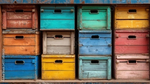 Fototapeta A colorful arrangement of vintage wooden boxes, showcasing various hues and textures, creating an appealing visual display.