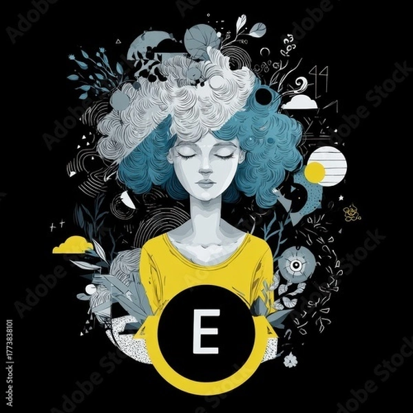 Fototapeta A stylized illustration of a woman with blue hair, surrounded by whimsical elements like clouds, plants, and abstract shapes, conveying a dreamy aesthetic.