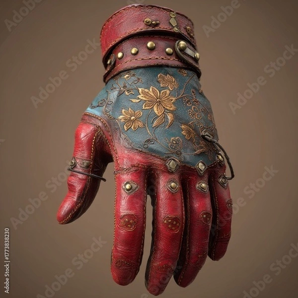Fototapeta A beautifully crafted, ornate glove featuring red leather and intricate floral designs, showcasing attention to detail and artistry.