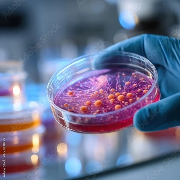 Fototapeta A scientist holds a petri dish containing vibrant cultures, showcasing colorful growths in a laboratory setting.