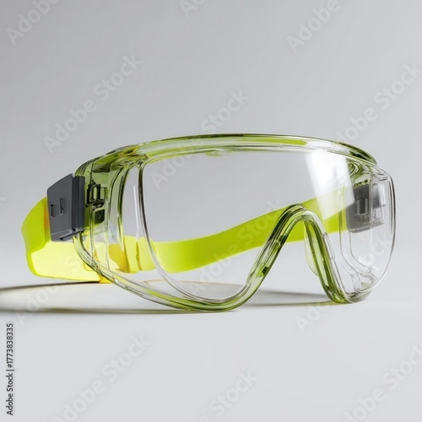 Fototapeta A pair of protective goggles with a transparent design and bright yellow straps, ideal for safety in various environments.