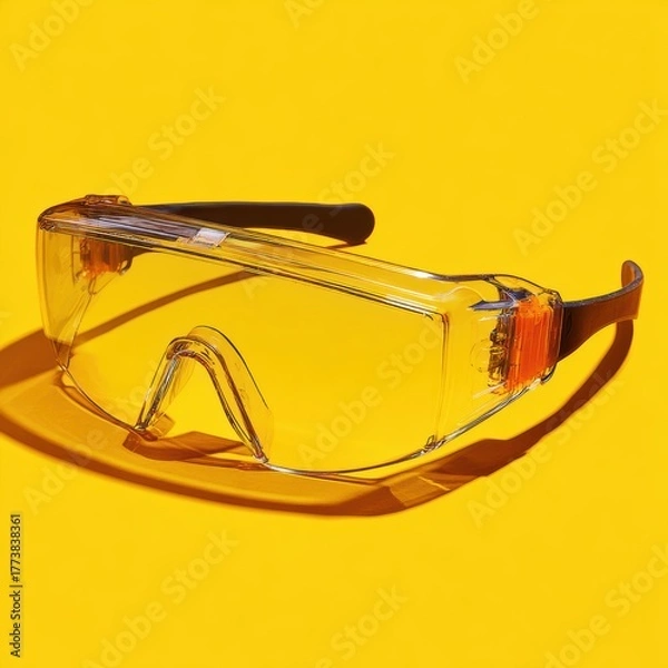 Fototapeta Clear protective eyewear on a vibrant yellow background, designed for safety and style in various activities.